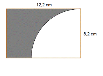 Et rektangel med lengde 1,2 cm og bredde 8,2 cm. Breddesida er radius i en kvartsirkel. Det skraverte området er rektangelet bortsett fra kvartsirkelen.
